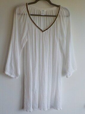 Joe Blouse Tunic Coverup - Large - White COTTON Beading 3/4 Sleeve (2163)